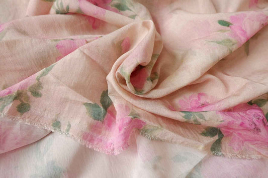 Tencel Linen Floral Fabric, Soft Pink Rose Print, 3.28 Yards