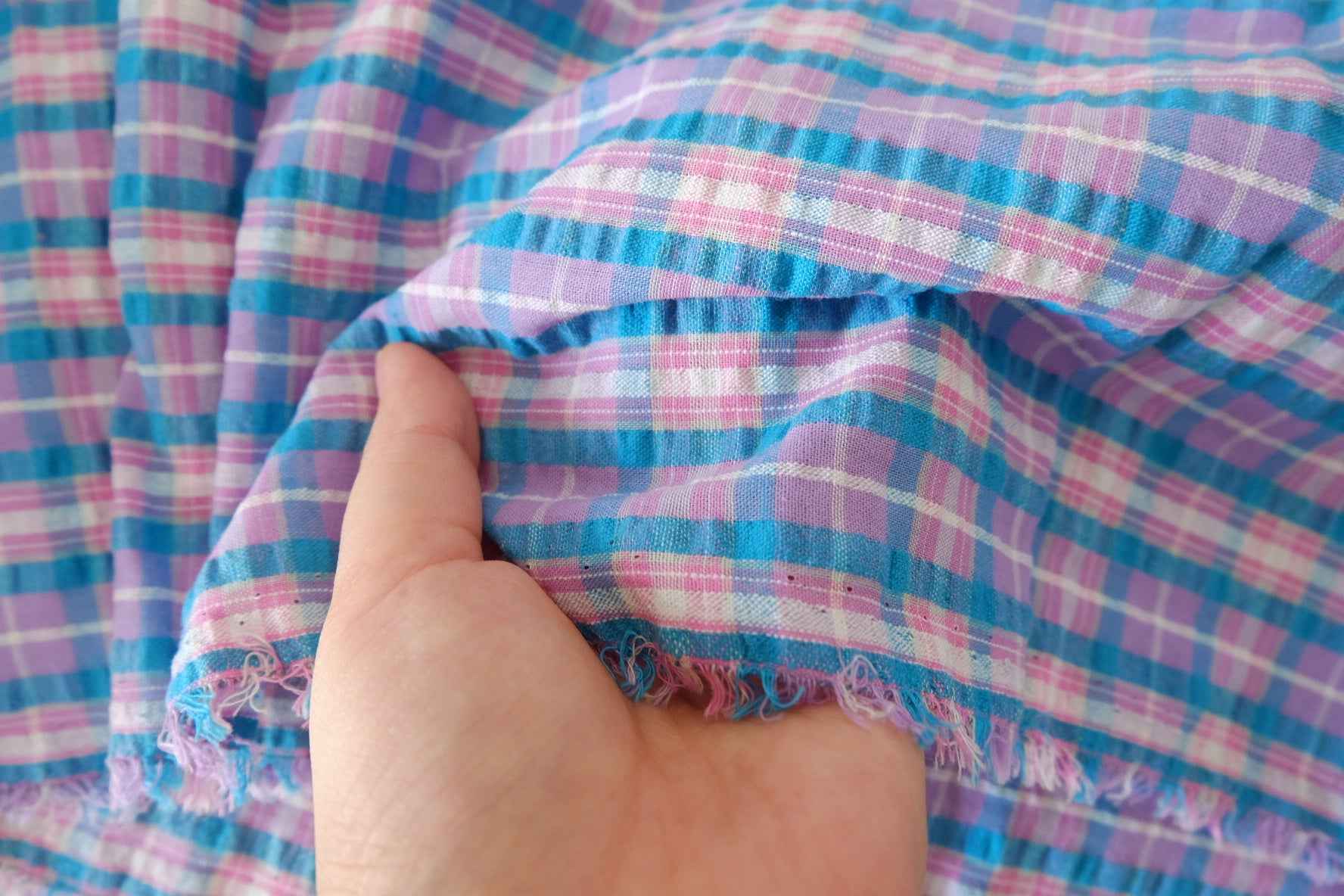 Textured Cotton Blend Plaid Fabric – Pastel Blue & Pink Check – 2.2 yd