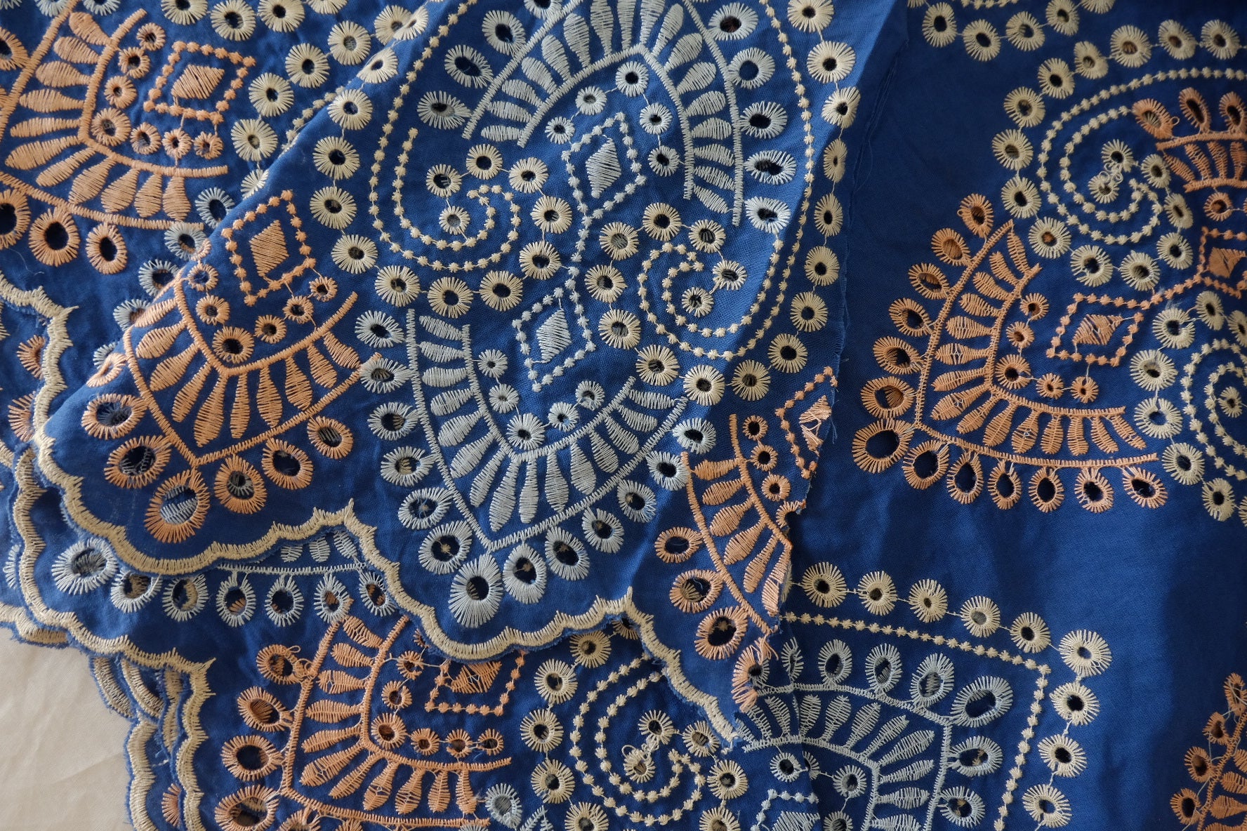 Heavy Embroidered Cotton Fabric – Blue Geometric Boho Design – 3.1 yd