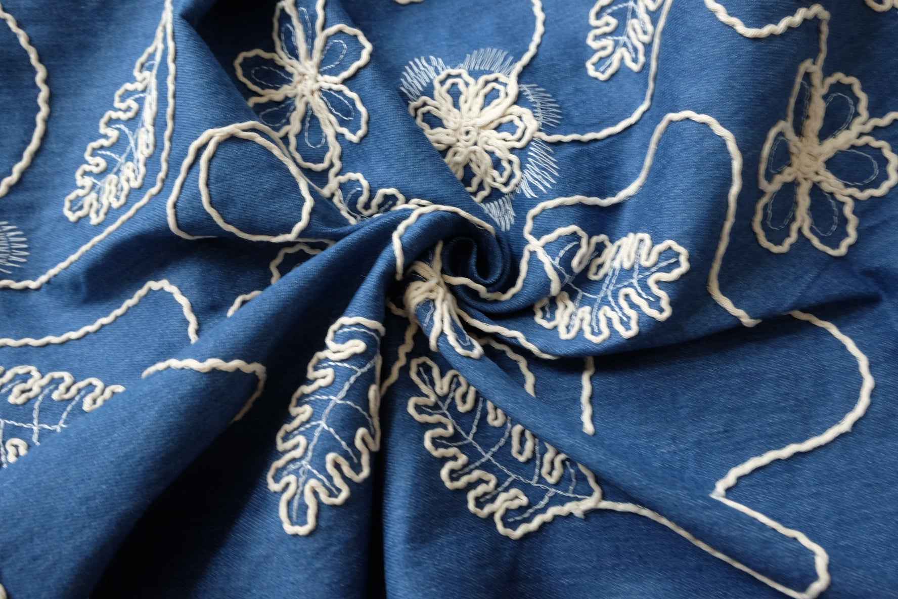 Blue Embroidered Cotton Denim Fabric for Vests, Jackets and Skirts, 2.19 Yards