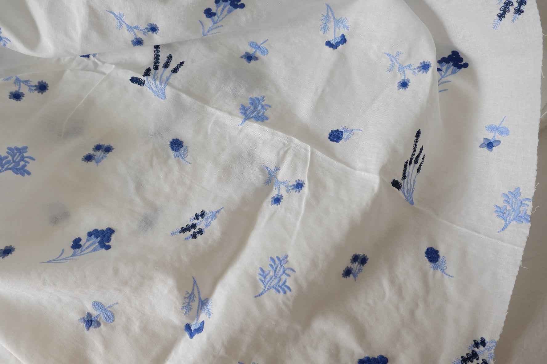 Blue Botanical Embroidered Cotton Linen Fabric – 1.6 yd