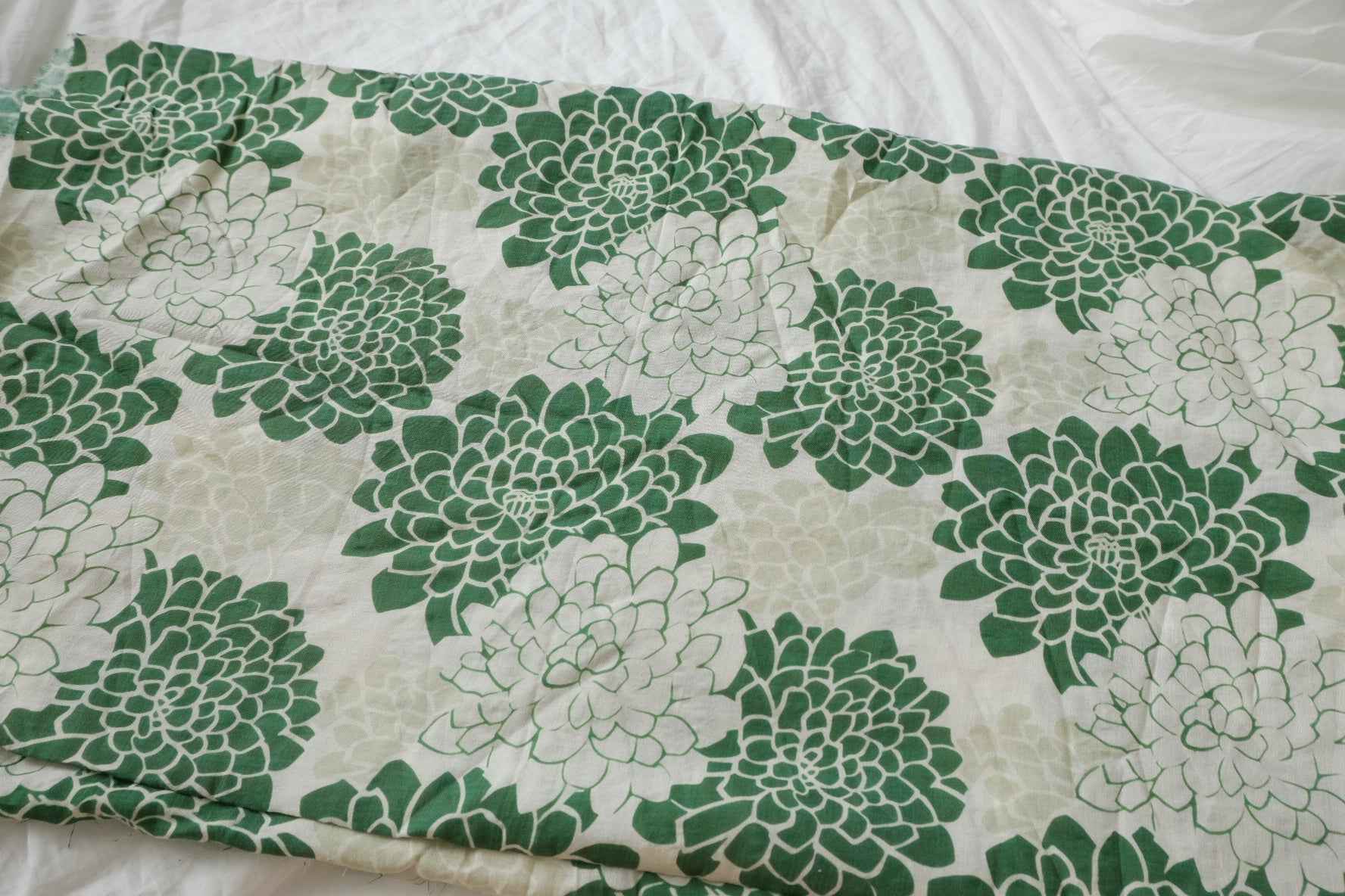Soft Green Floral Linen Cotton Fabric, Lightweight Summer Weight, 3.06 Yards