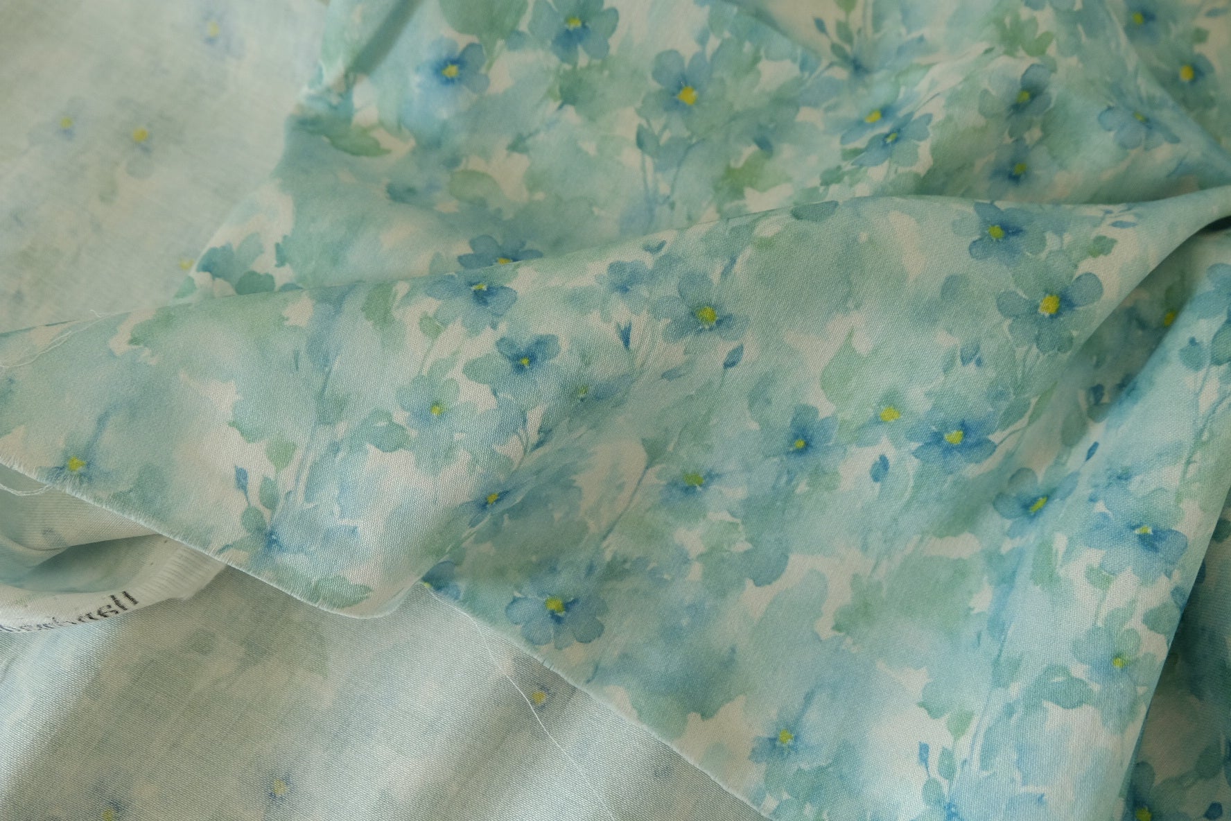 Dreamy Mint Blue Floral Cotton Sateen Fabric – 80s Cotton – 2.1 yd