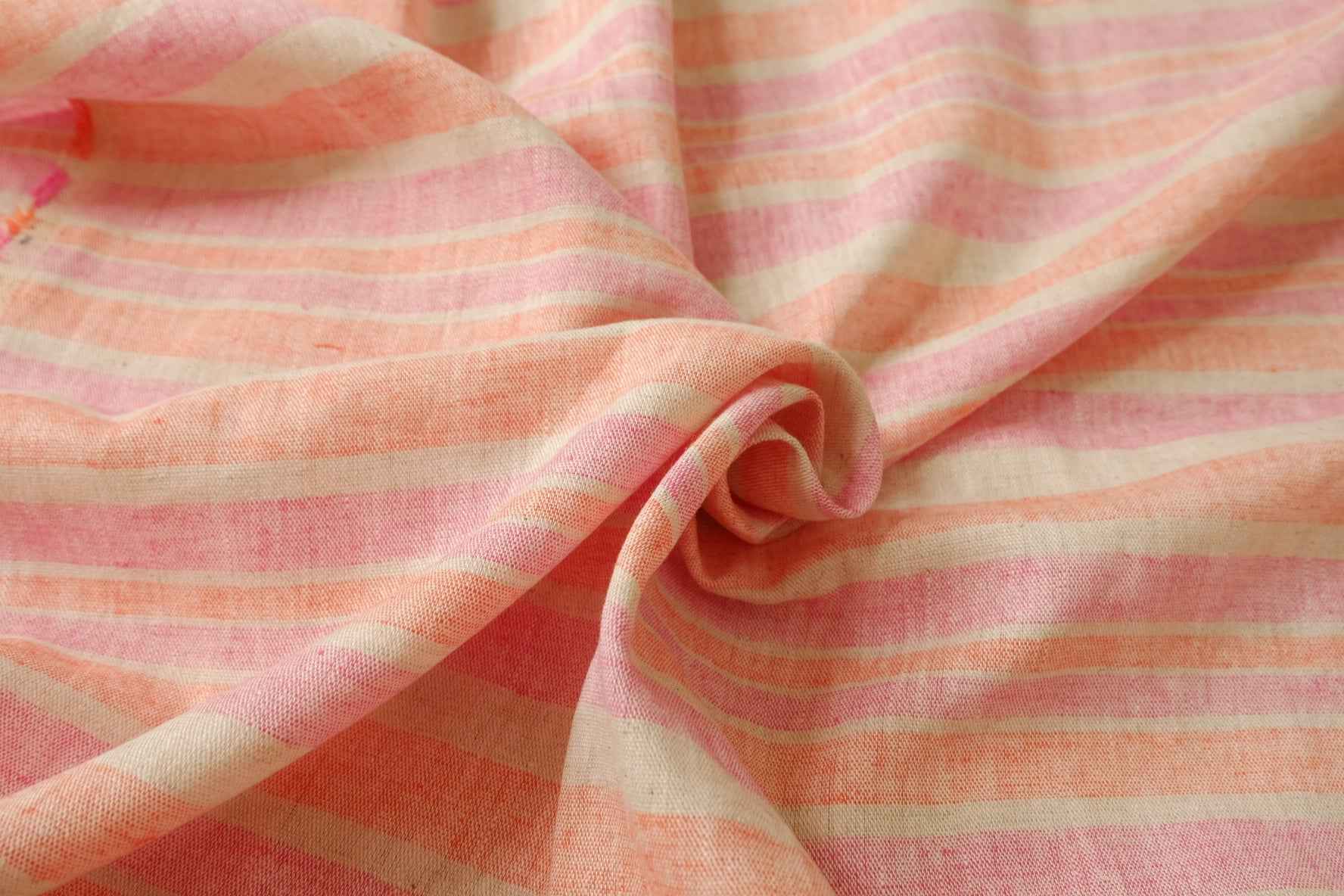 Pink Peach Yarn-Dyed Stripe Cotton Linen Fabric, Medium Weight, 1.64 Yards