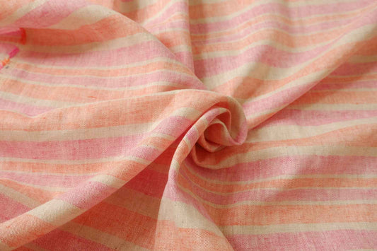 Pink Peach Yarn-Dyed Stripe Cotton Linen Fabric, Medium Weight, 1.64 Yards