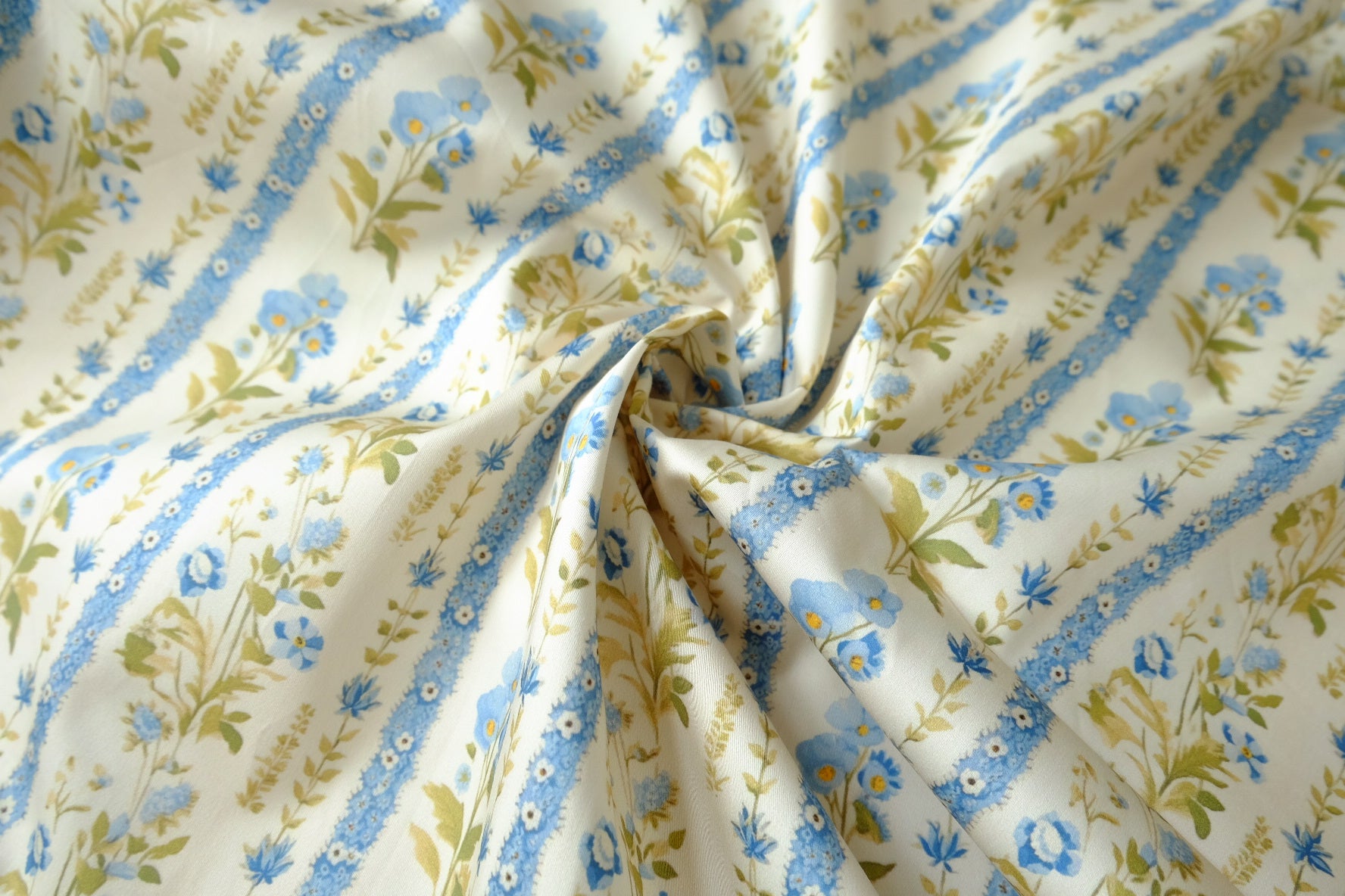 Blue Floral Stripe Cotton Sateen, 2.2 Yards