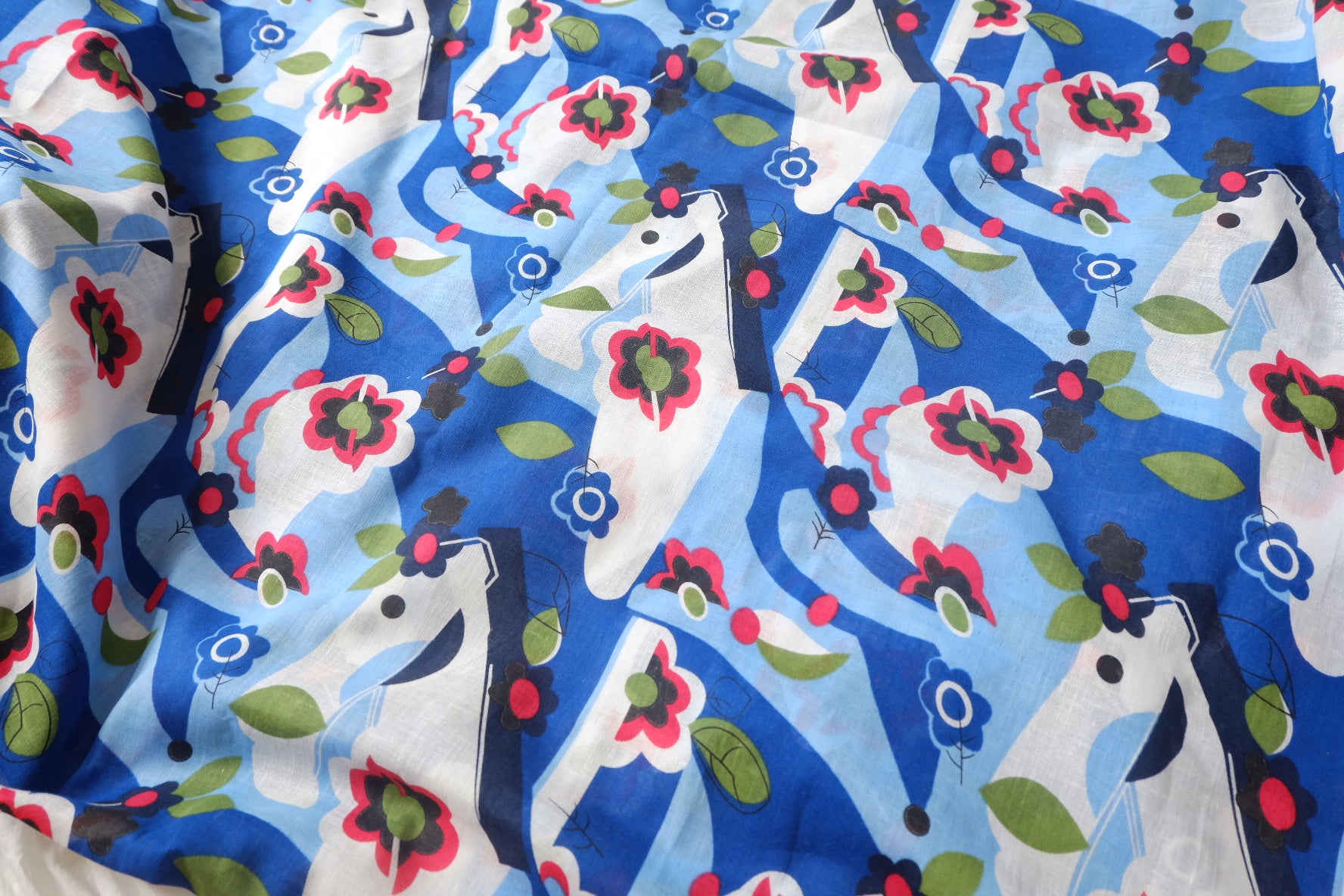 Blue Horse Folk Print Lightweight Linen Cotton Fabric - 2.19 yd