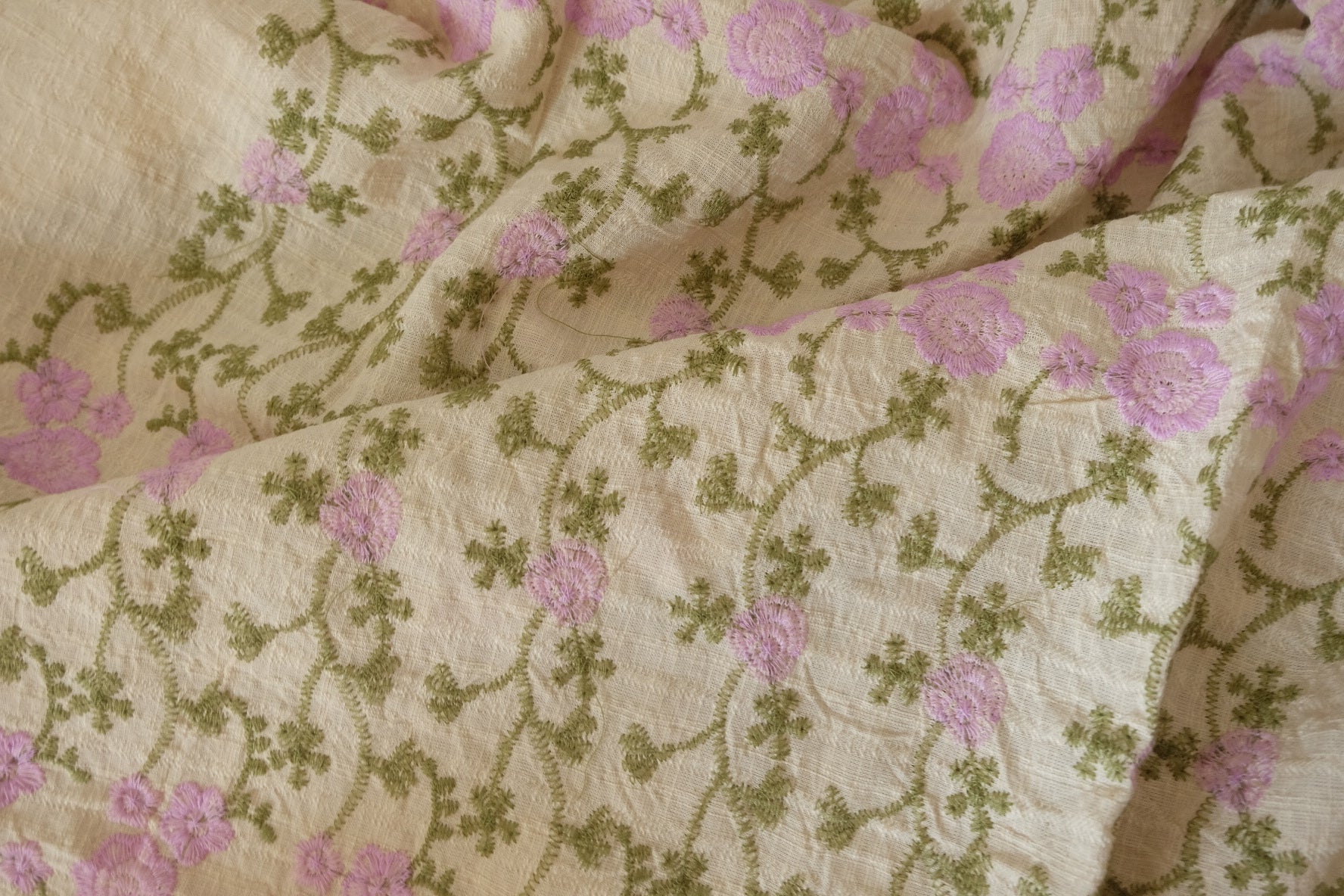Lavender Floral Embroidered Linen Fabric – Textured Pure Linen – 1.2 yd