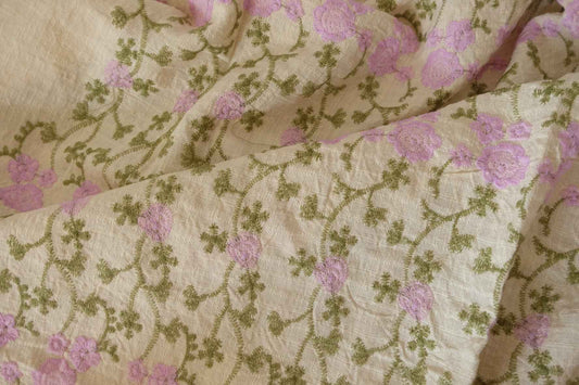 Lavender Floral Embroidered Linen Fabric – Textured Pure Linen – 1.2 yd