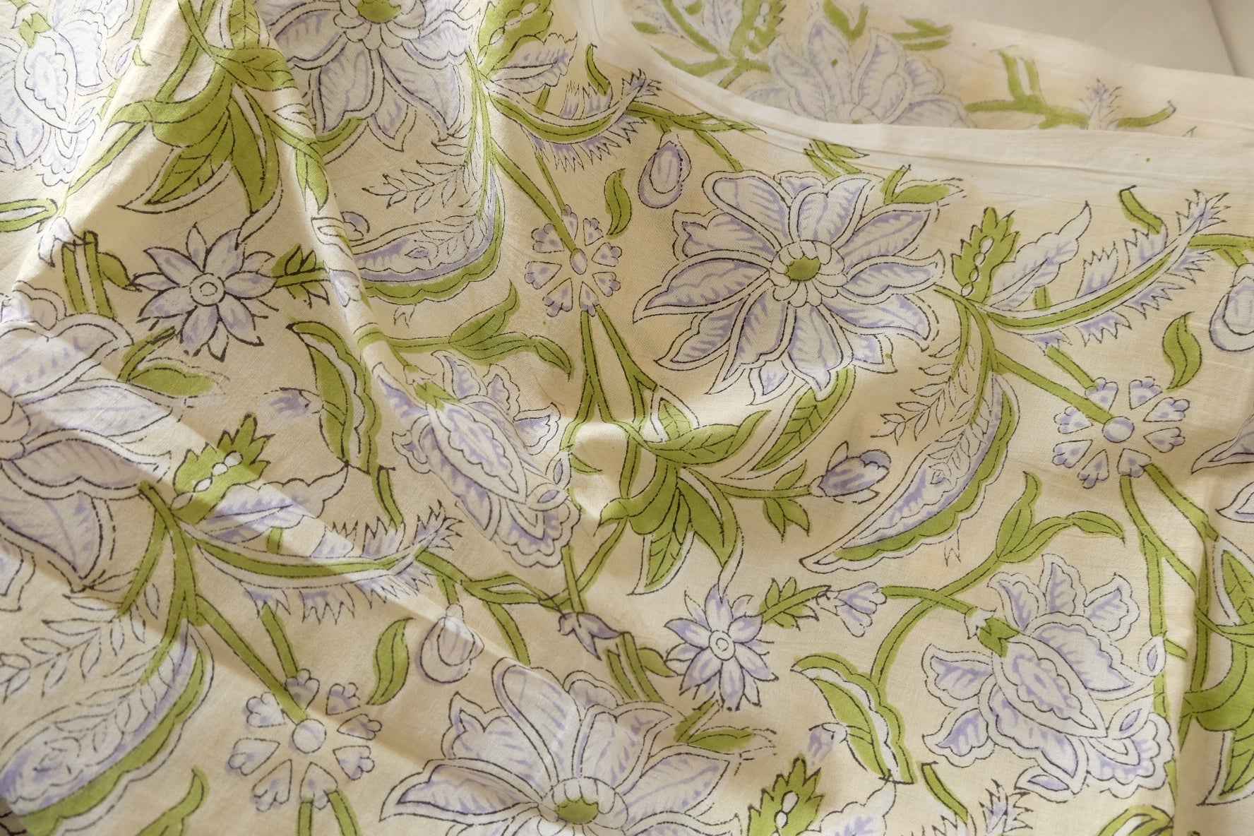 Indian Hand Block Printed Cotton Fabric – Lavender Lotus Vine Pattern – Sold by the Meter