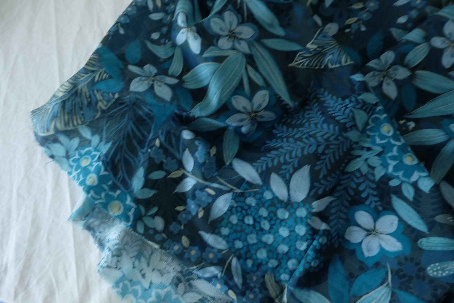 Midnight Blue Botanical Garden Cotton Voile Fabric – Deep Floral Nature Print – 2.2 yd
