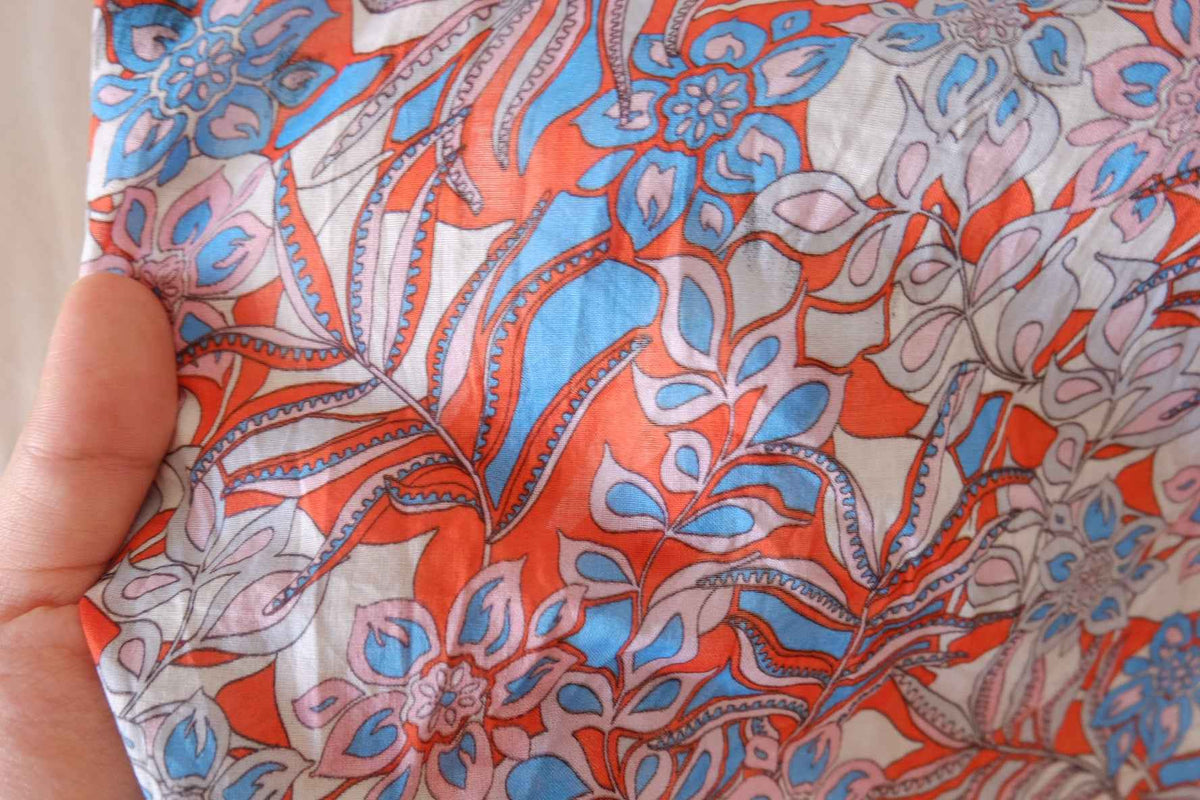 Coral & Sky Blue Botanical Cotton Voile Fabric – 5.5 yd