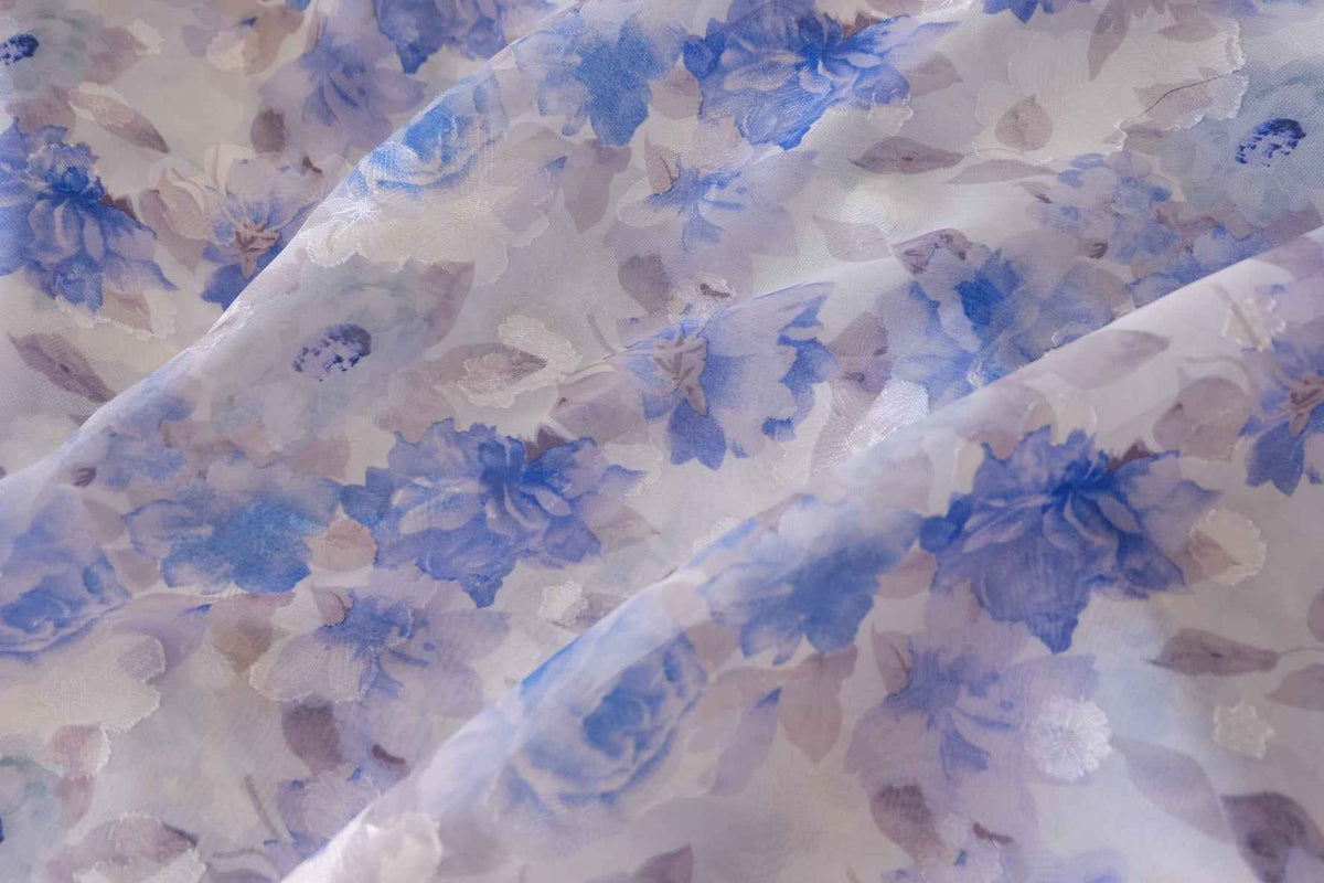 Watercolor Blue Floral Jacquard Organza Fabric – 3.3 yd