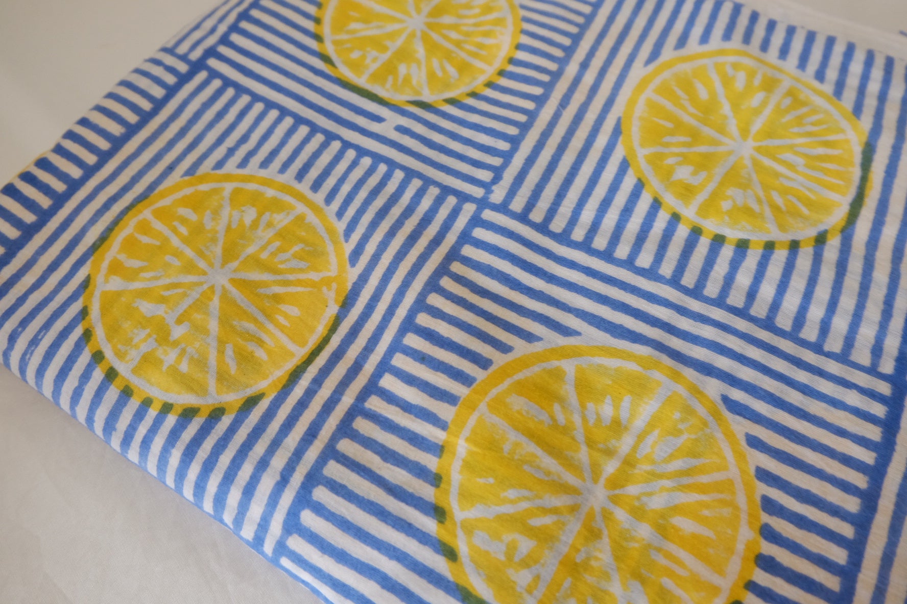 Hand Block Printed Indian Cotton Fabric – Blue Lemon Citrus Pattern – Sold by the Meter