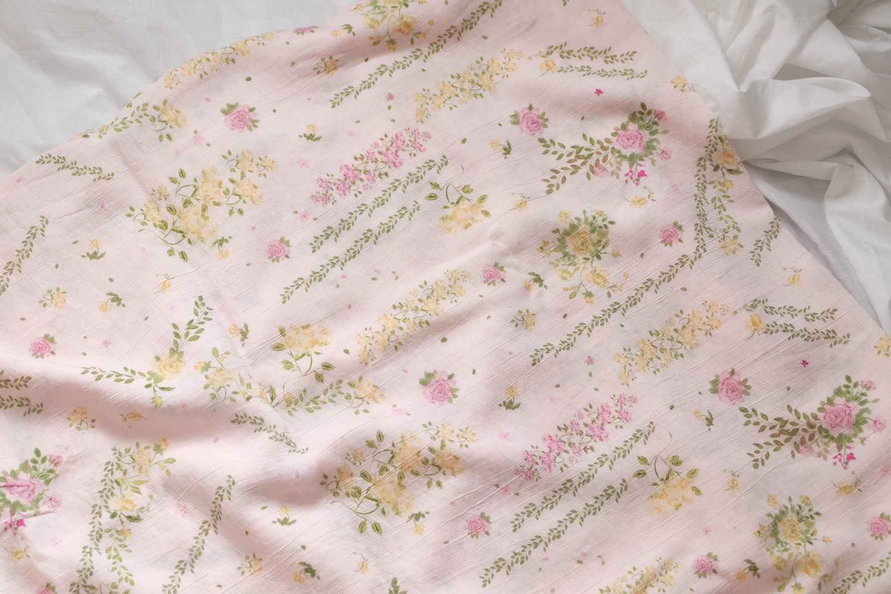 Soft Pink Garden Tencel Cotton Fabric, Airy Floral Summer Weight, 3.28 Yards