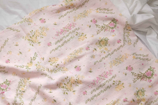 Soft Pink Garden Tencel Cotton Fabric, Airy Floral Summer Weight, 3.28 Yards
