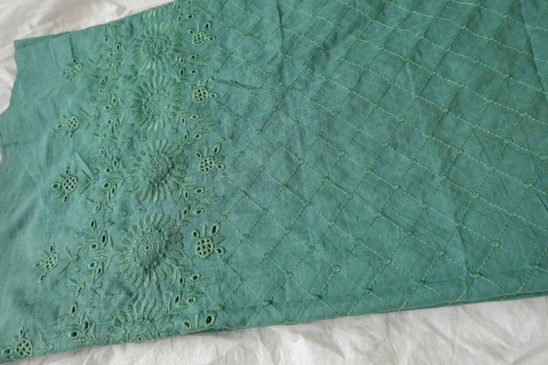 Green Double-Border Embroidered Cotton-Linen Fabric - 1.64 yd