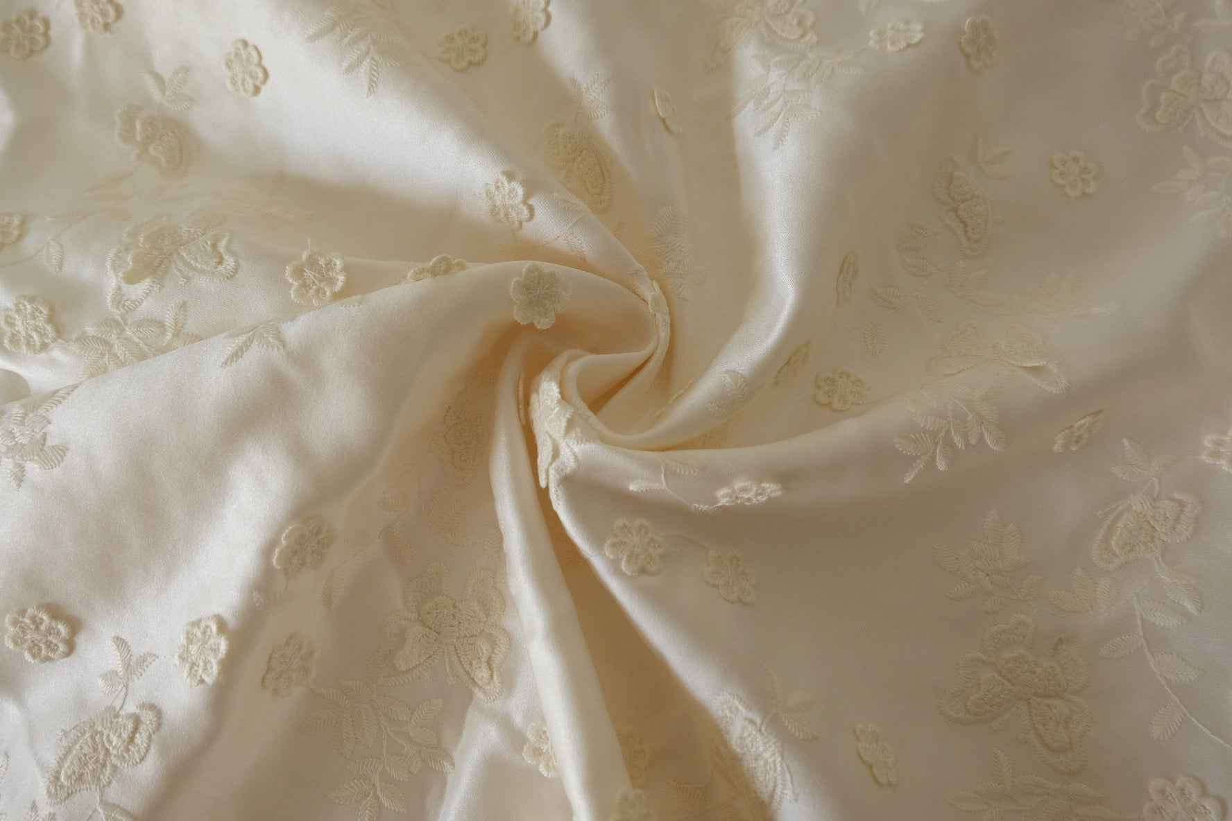 Ivory 3D Floral Embroidered Acetate Satin Fabric – 2.2 yd