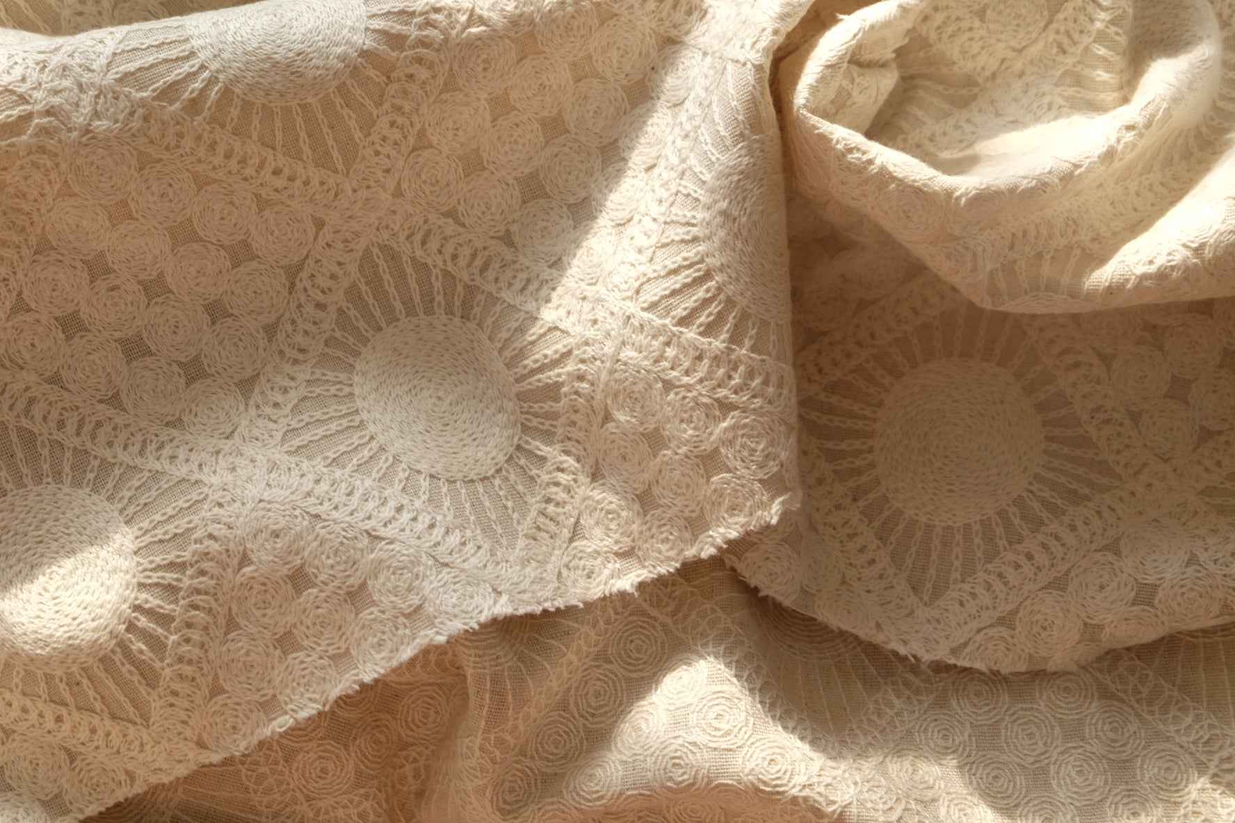 Ivory Embroidered Linen Cotton Fabric, Sold by the yard