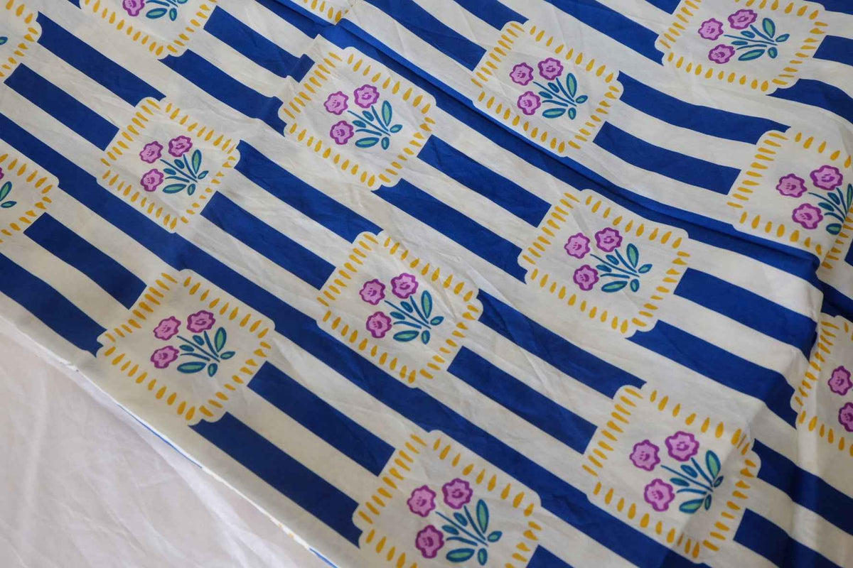 Cobalt Blue Stripes & Folk Flowers Cotton Poplin Fabric – 2.5 yd