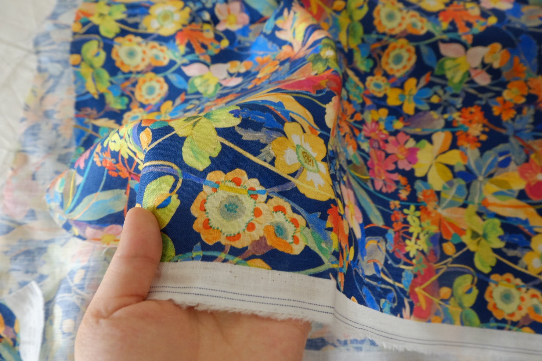 Blue Painterly Floral Pure Linen — 2.19 yd
