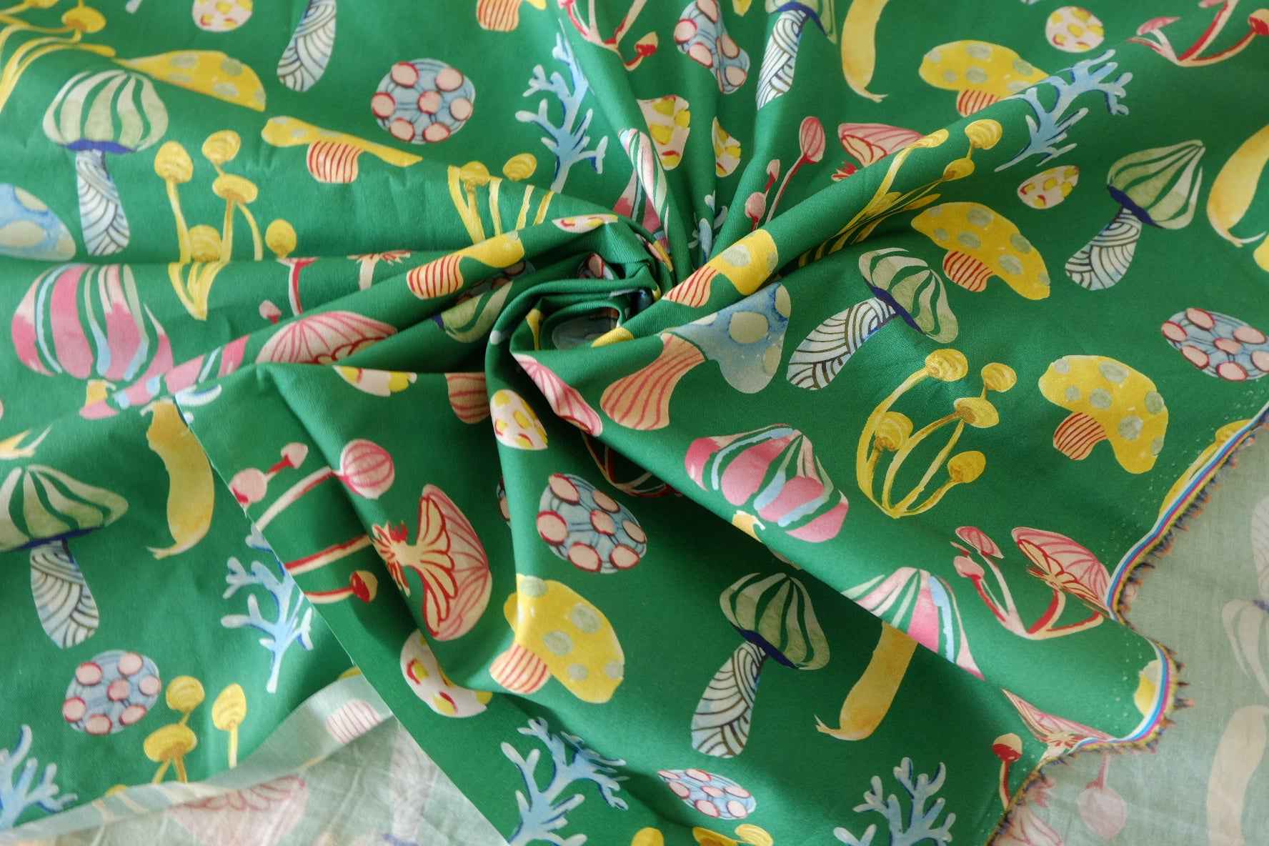 Woodland Mushroom Green Cotton Lawn Fabric, 1.64 Yards