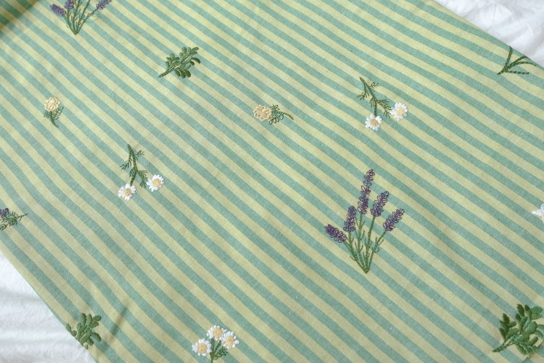 Striped Floral Embroidered Linen-Look Cotton Blend Fabric, 2.2 Yards