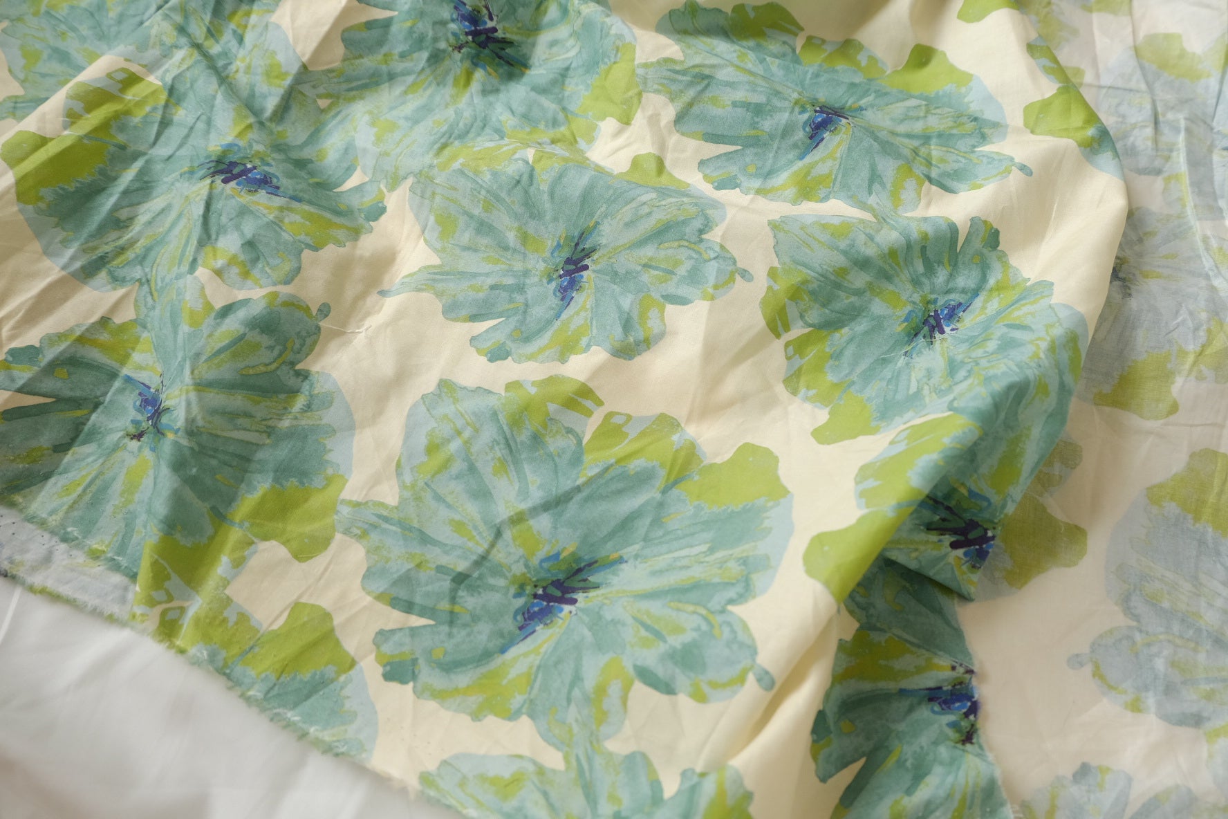 Blue Watercolor Floral Cotton Poplin Fabric - 2.19 yd