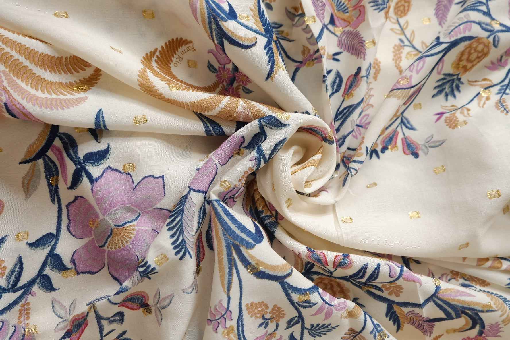 Metallic-Dotted Rayon Floral Bird Panel Fabric - 1.75 yd