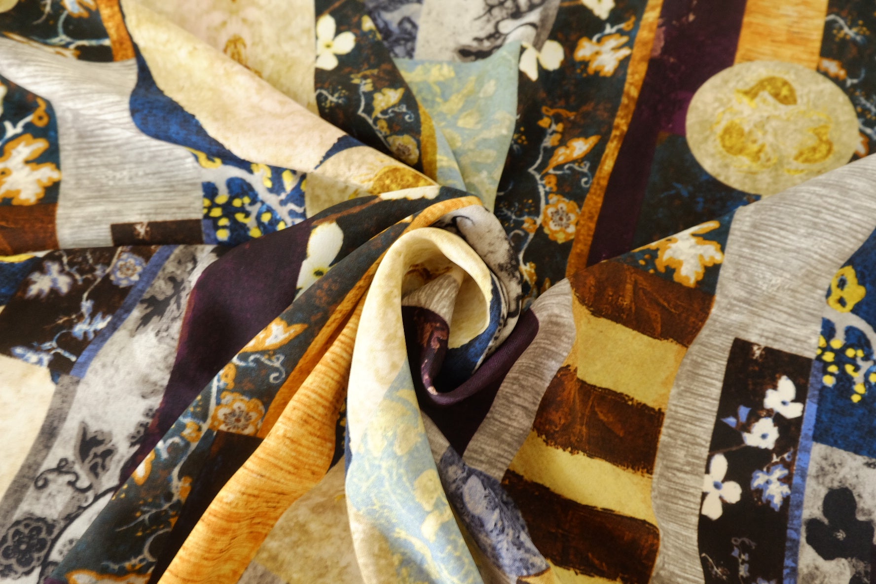 Silk-Like Rayon Satin Fabric – Artistic Patchwork Print 3 Yards