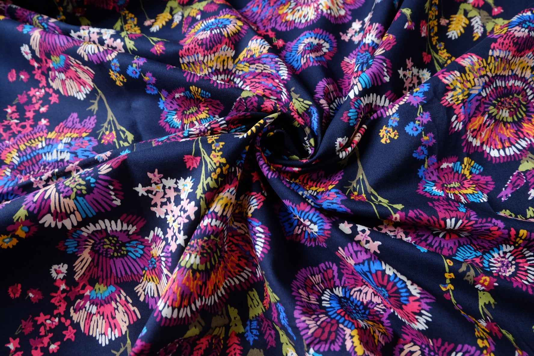 Navy Embroidered Floral Designer Deadstock Cotton Fabric - 1.64 Yards