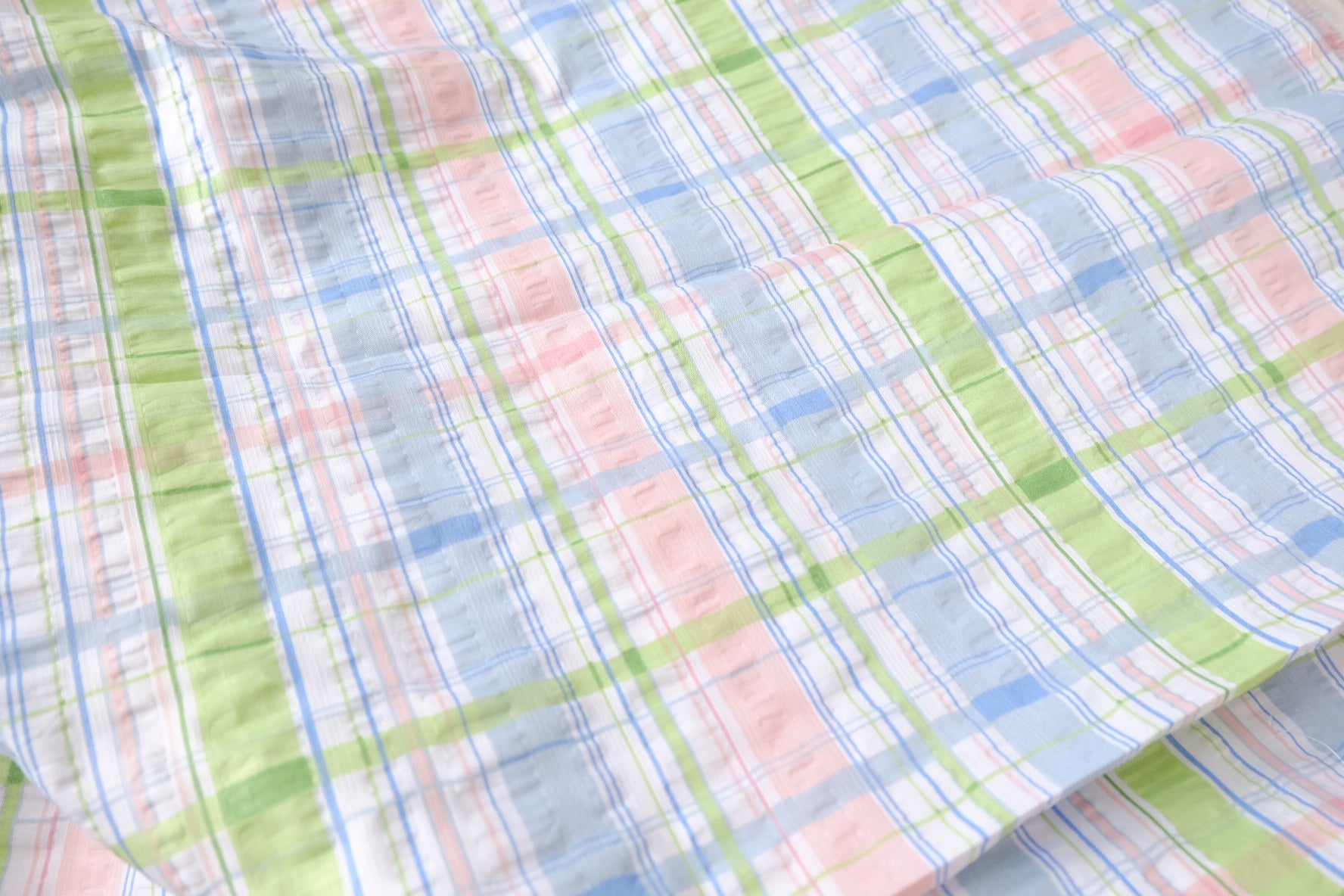 Pastel Plaid Seersucker Cotton Blend Fabric – Crisp Summer Shirting (2.19 yards)