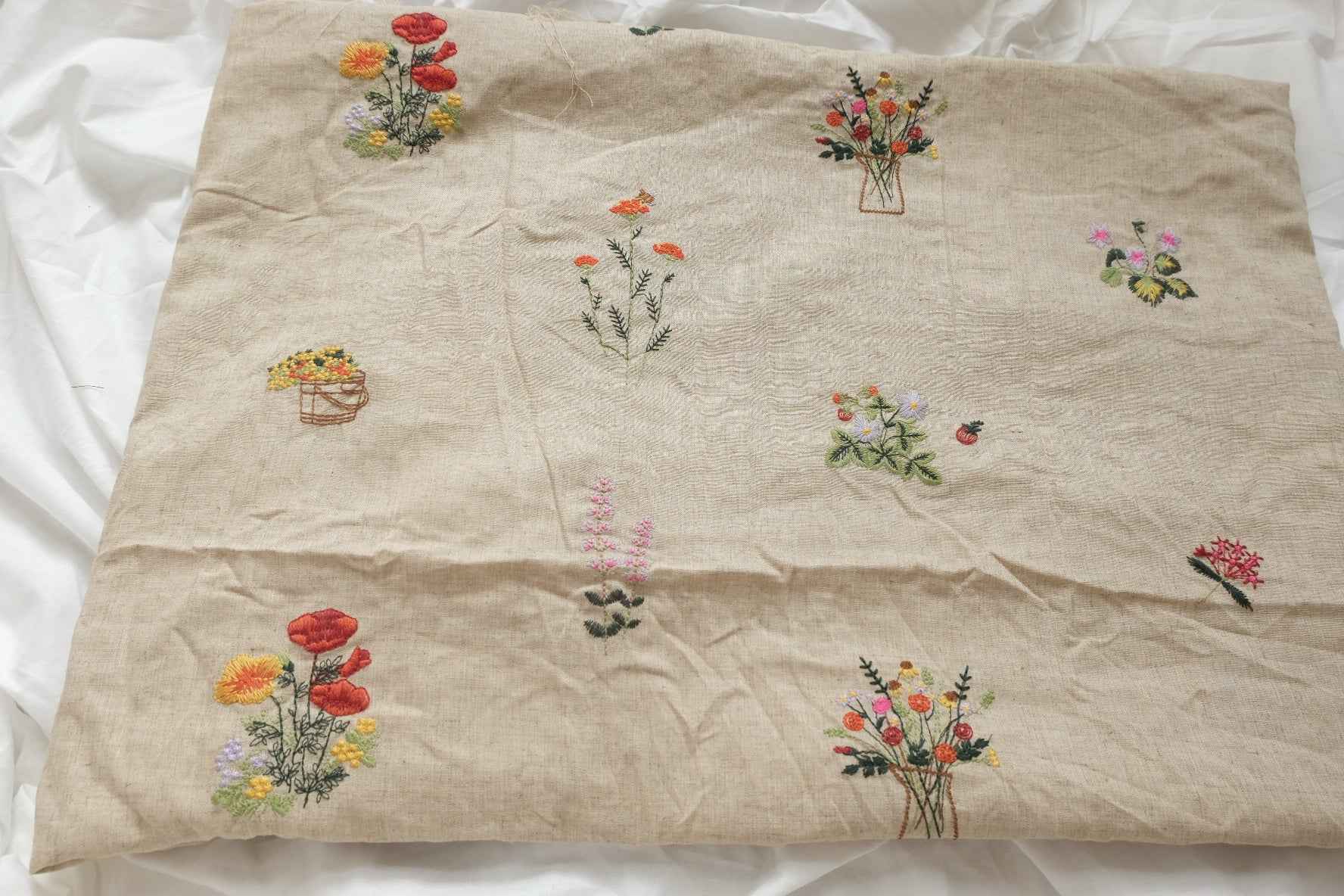 Embroidered Linen Rayon Blend Fabric, Pastoral Wildflower Motifs , 1.64 Yards