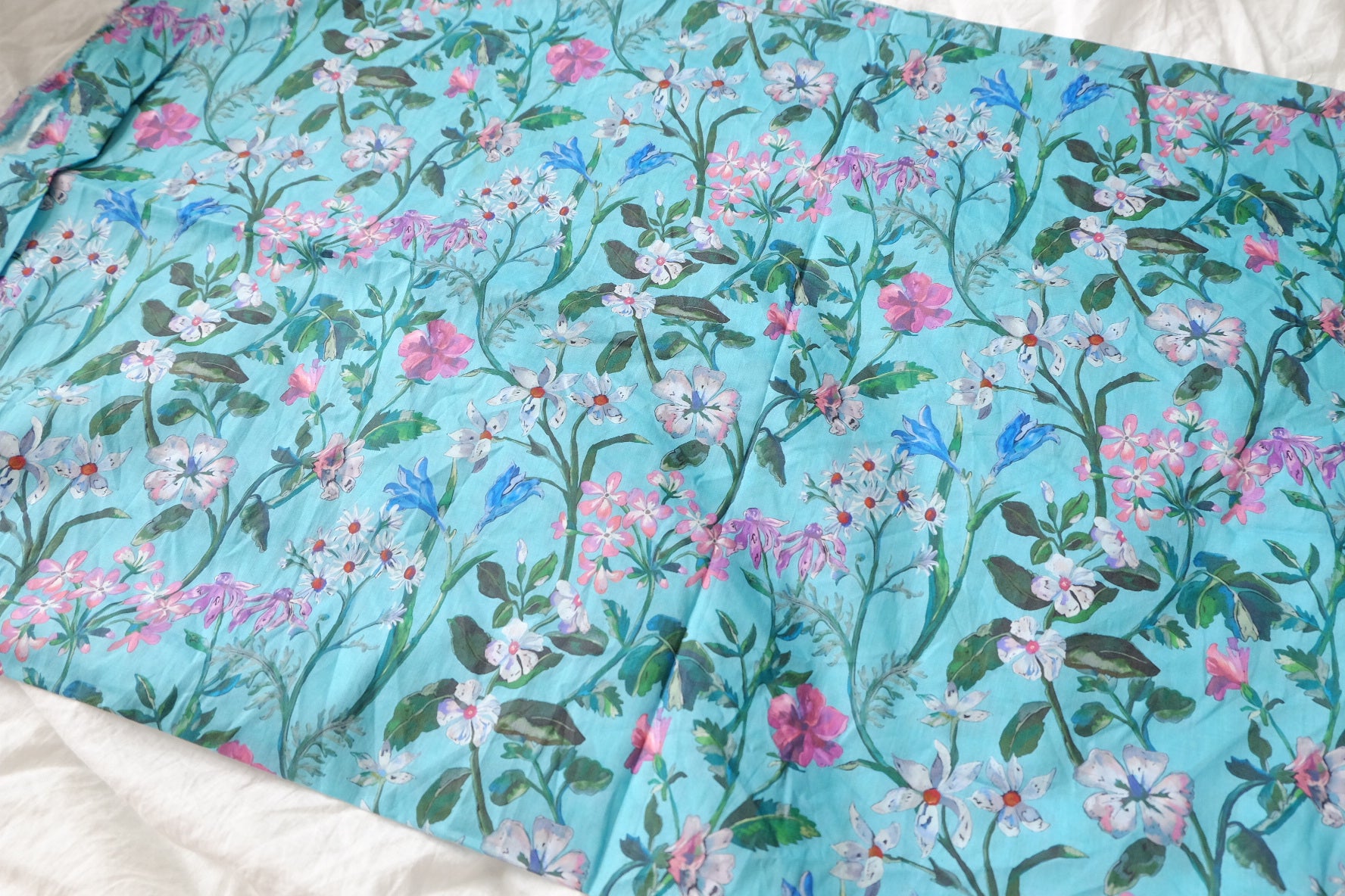 Turquoise Floral Cotton Lawn Fabric, Light & Silky, 3.3 Yards