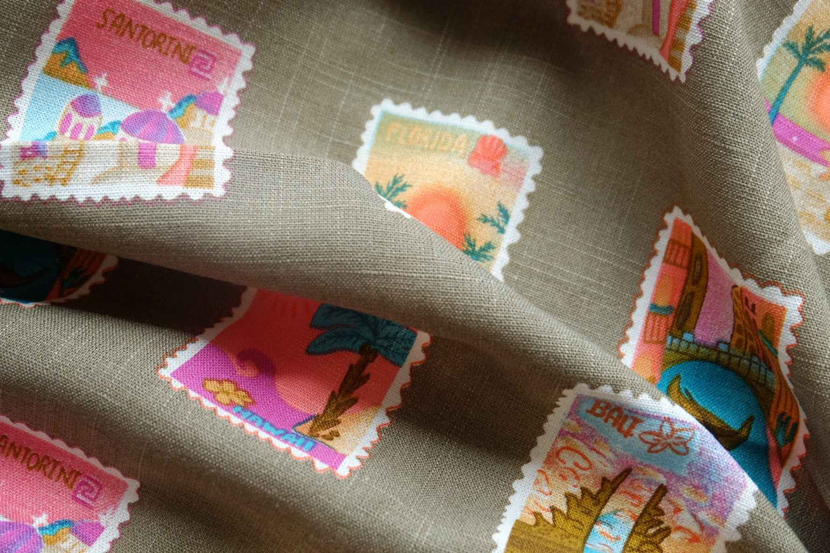 Travel Stamp Print Lyocell Linen — 2.2 yd