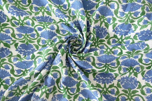 Blue Green Floral Border Print Cotton Linen Fabric - 2.2 yd