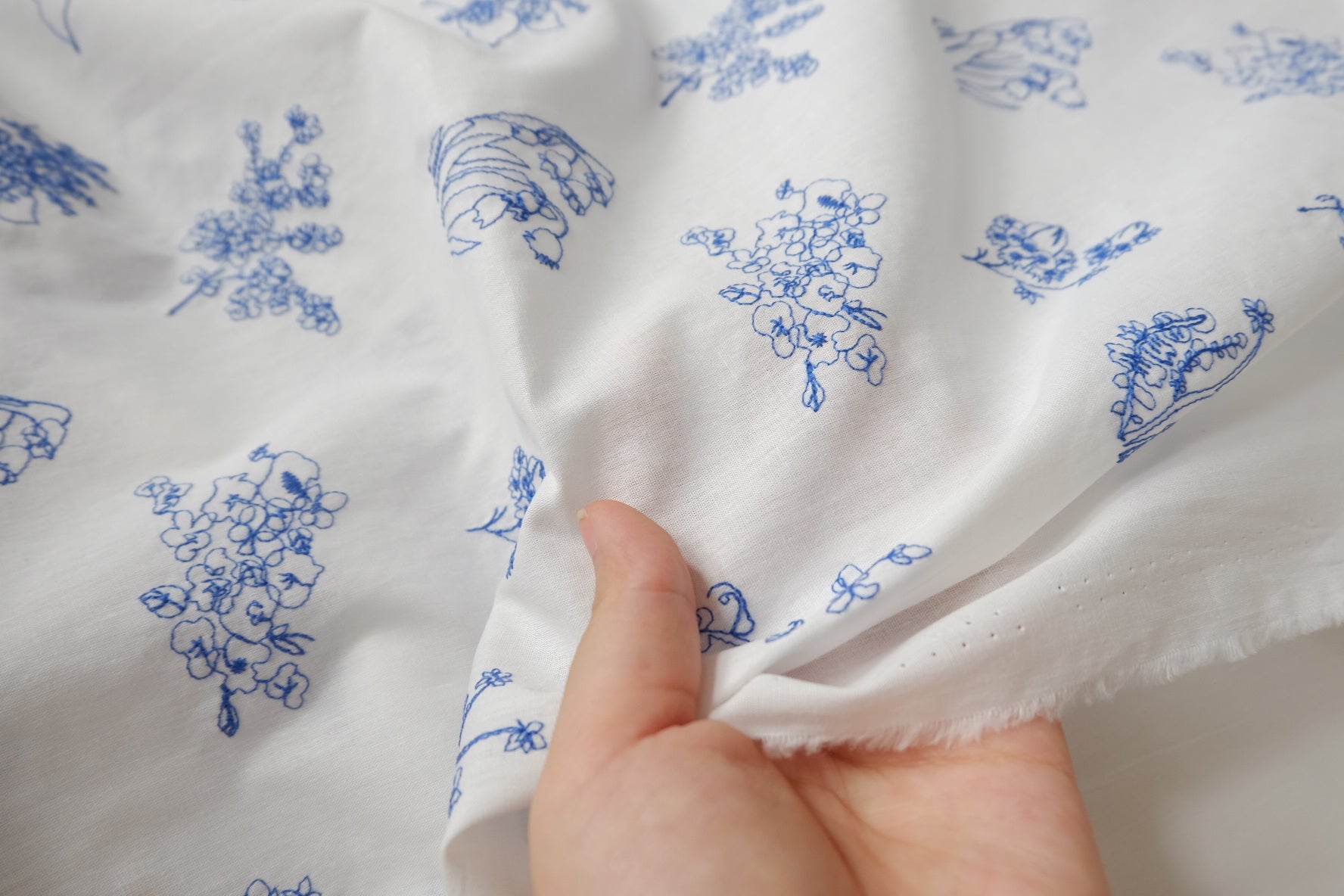 Blue Botanical Embroidered Cotton Fabric, 2.2 Yards