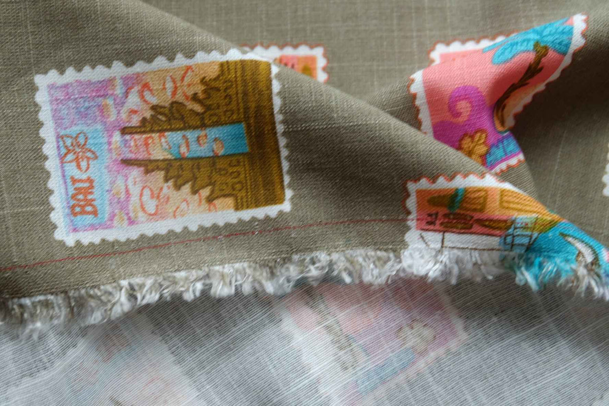 Travel Stamp Print Lyocell Linen — 2.2 yd