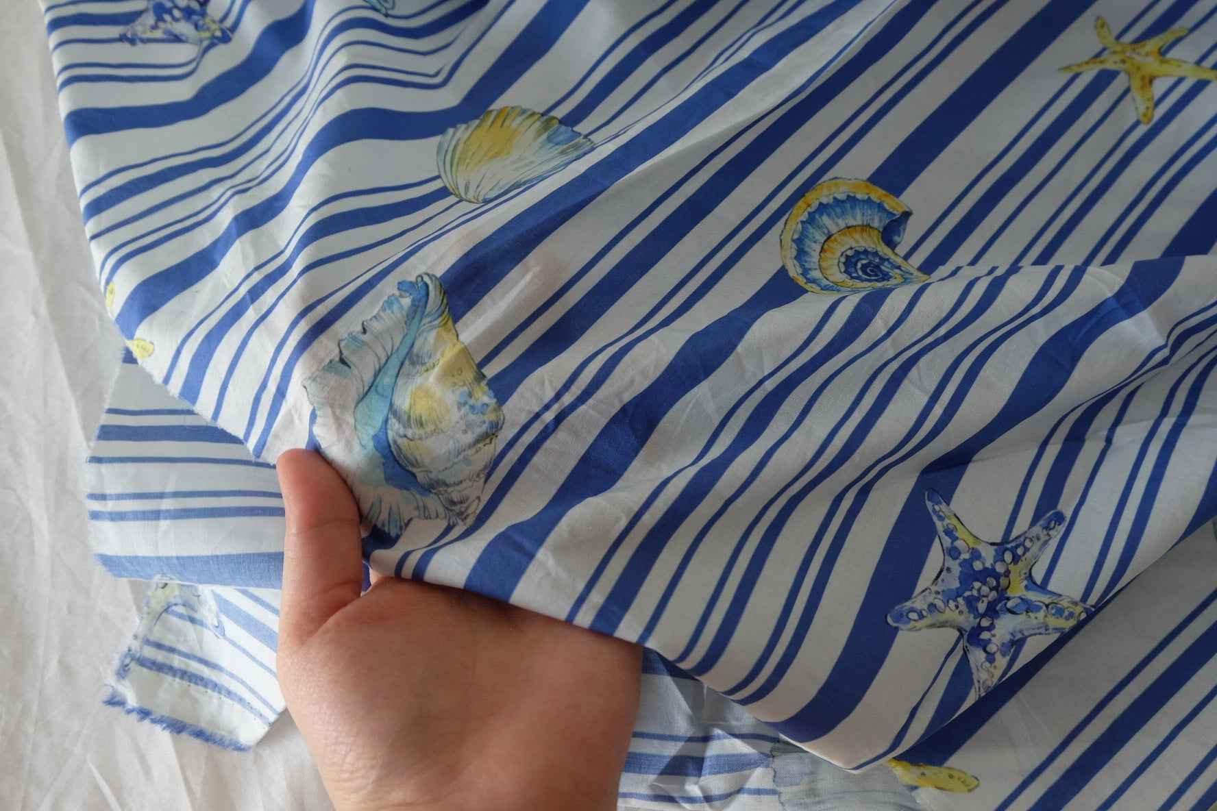 Blue Coastal Shell Stripe Cotton Lawn Fabric – 3.3 yd