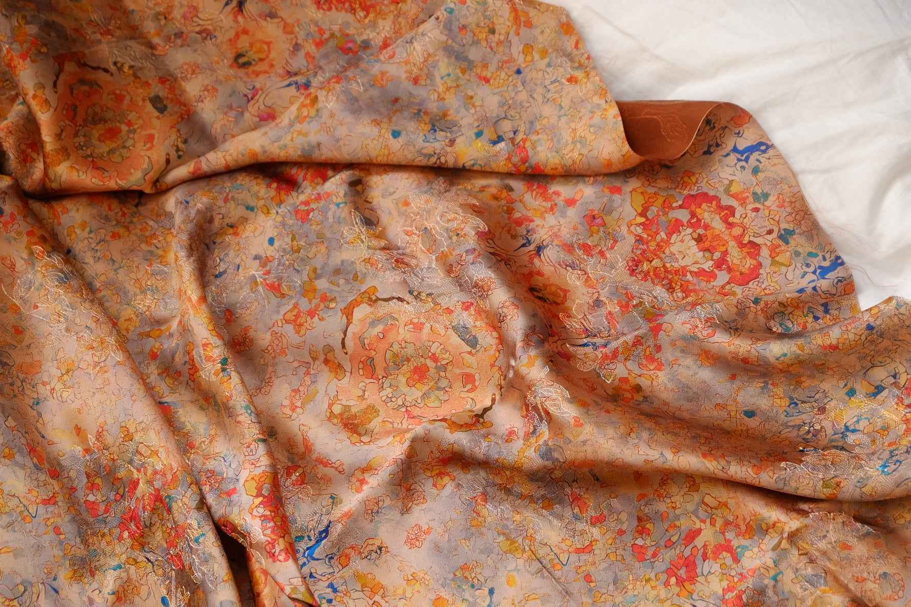 Abstract Dunhuang Silk Jacquard Fabric, Glossy Fluid Art Textile, 2.19 Yards