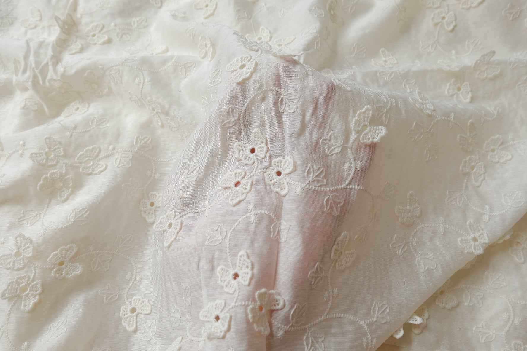 Ivory Floating Floral Embroidered Tencel Cotton Fabric, Romantic Semi-Sheer Dress Weight, 2.19 Yards