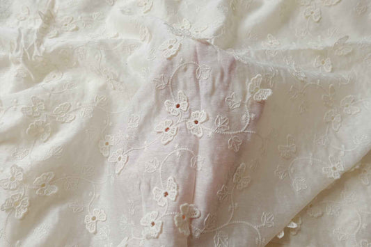 Ivory Floating Floral Embroidered Tencel Cotton Fabric, Romantic Semi-Sheer Dress Weight, 2.19 Yards