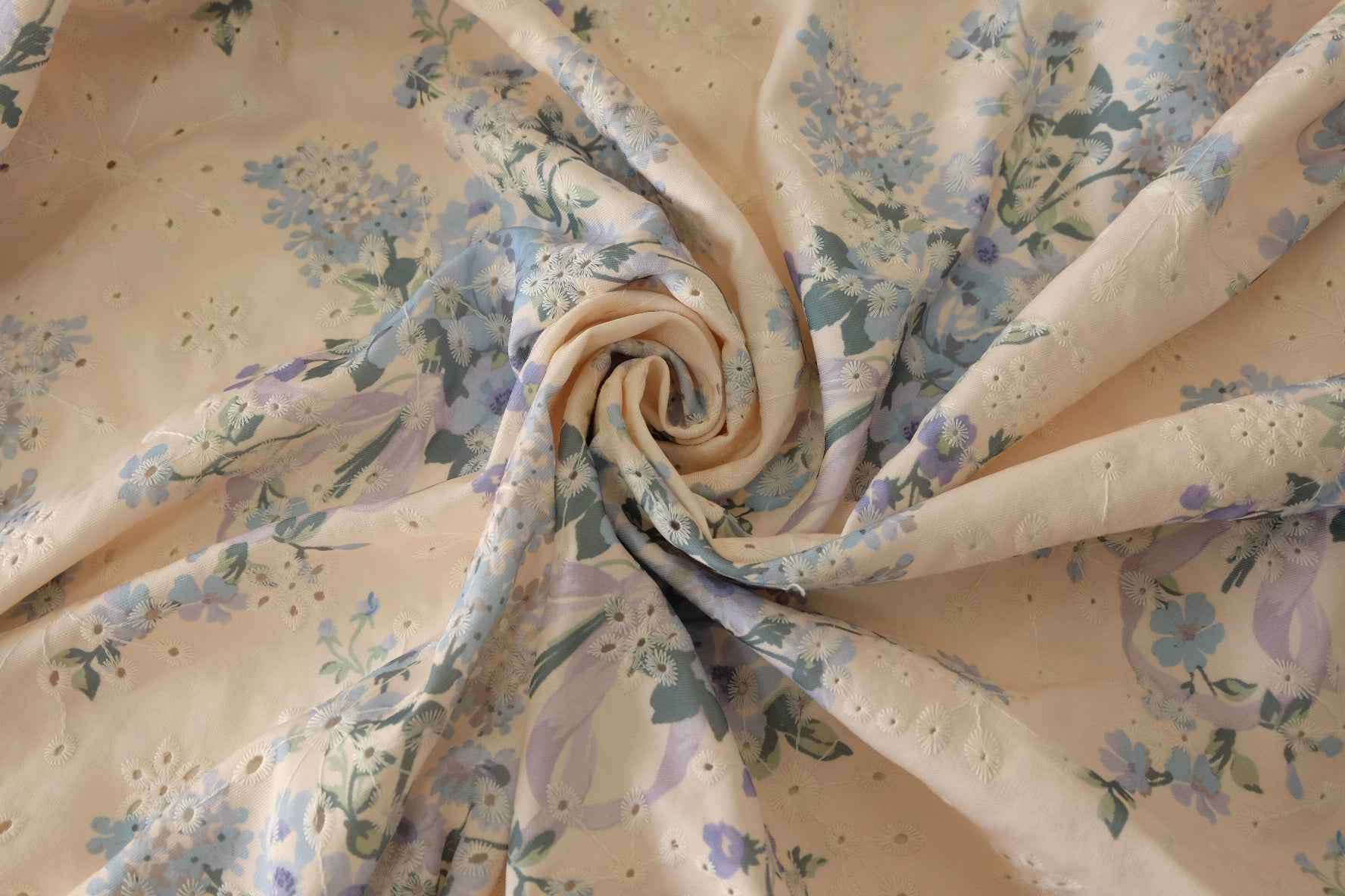 Blue Floral Embroidered Cotton Blend Fabric – 3.3 yd