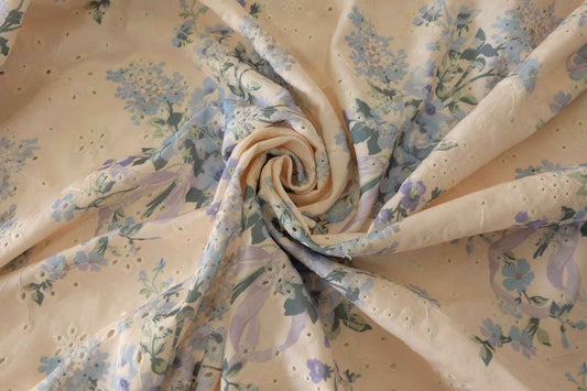 Blue Floral Embroidered Cotton Blend Fabric – 3.3 yd