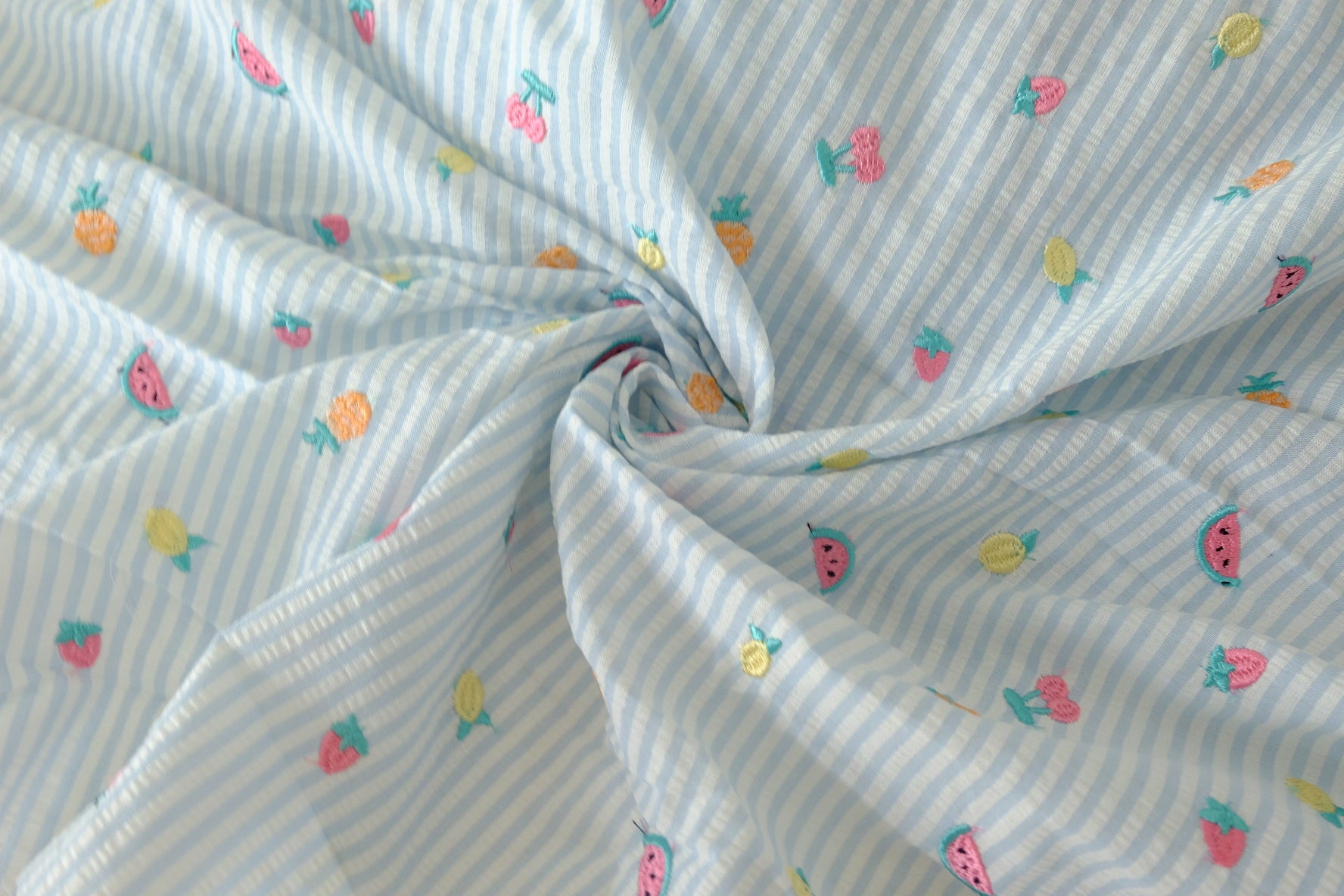 Embroidered Fruit Stripe Cotton Seersucker – 2.2 yd