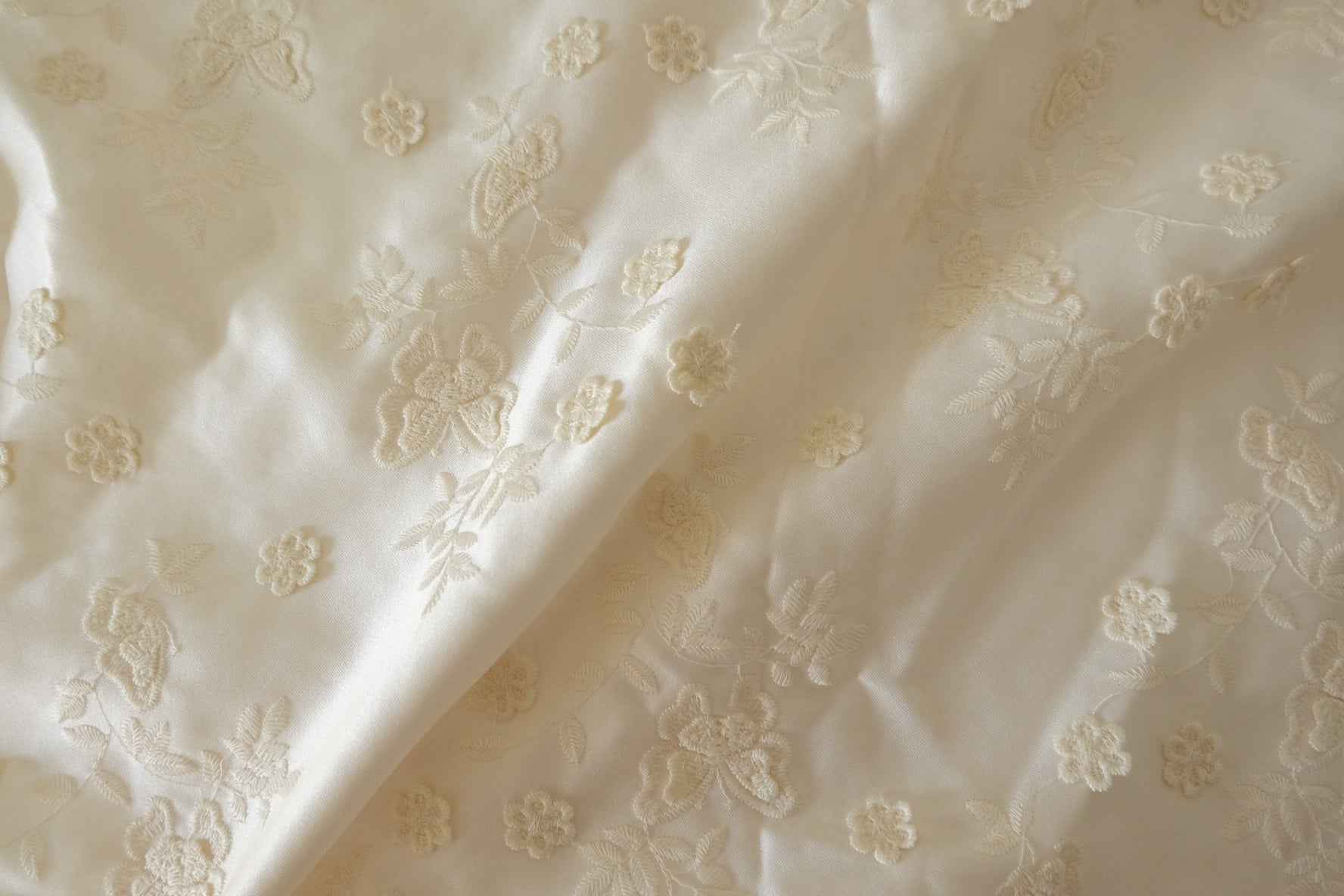 Ivory 3D Floral Embroidered Acetate Satin Fabric – 2.2 yd