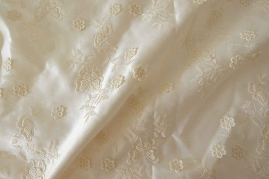 Ivory 3D Floral Embroidered Acetate Satin Fabric – 2.2 yd