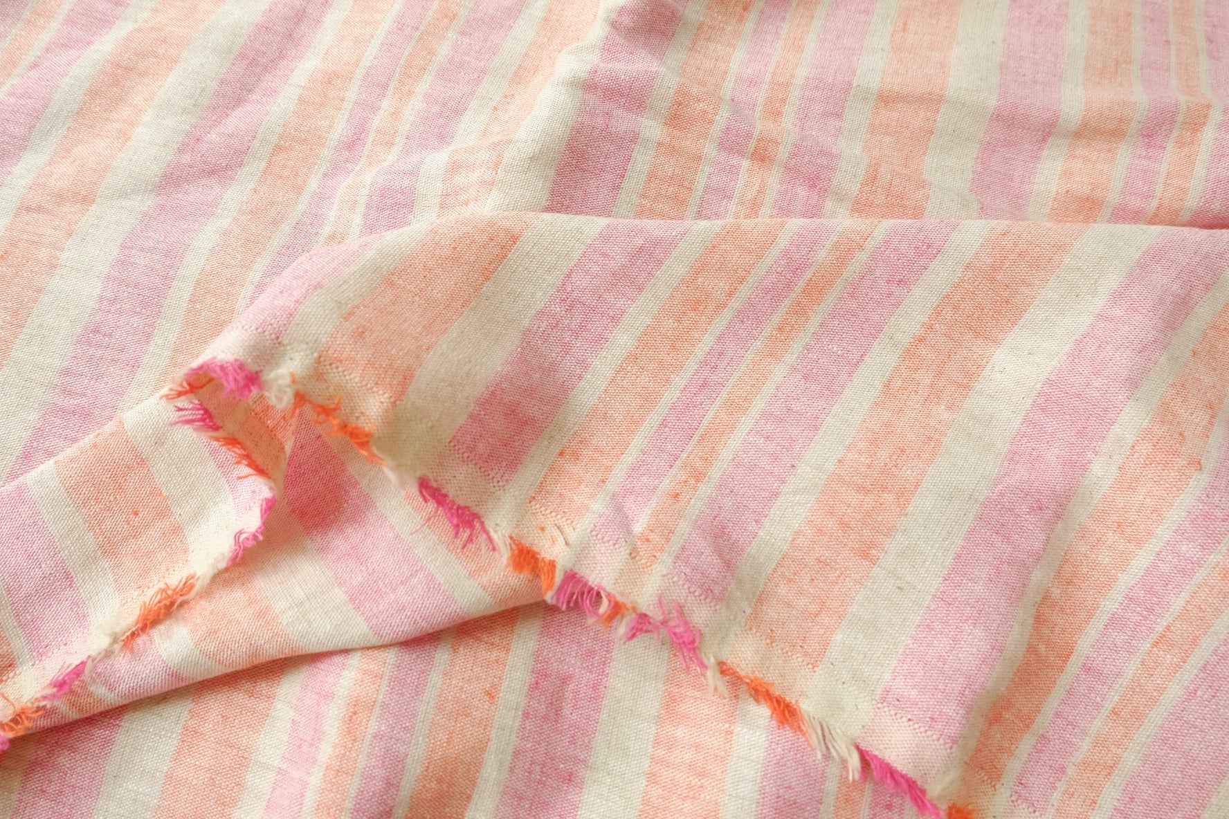 Pink Peach Yarn-Dyed Stripe Cotton Linen Fabric, Medium Weight, 1.64 Yards