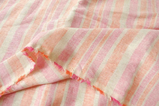 Pink Peach Yarn-Dyed Stripe Cotton Linen Fabric, Medium Weight, 1.64 Yards