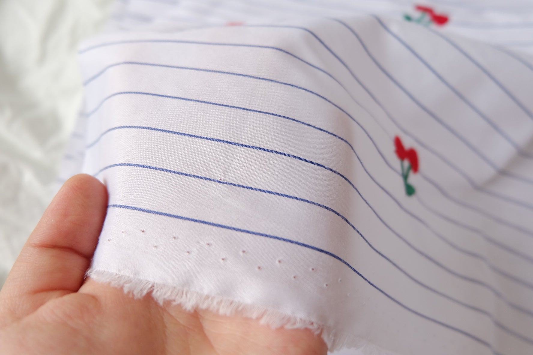 Cherry Embroidered Striped Cotton Fabric 1.6 Yards